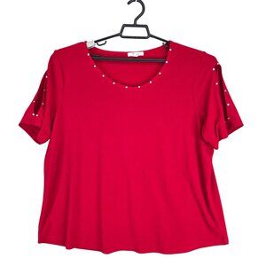 Womens Red 89th + Madison Blouse Top Cold Shoulder Rhinestones Short Sleeve 1X